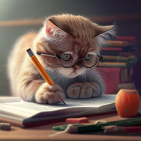 The cat is sitting at his textbooks. AI Generatedの写真素材