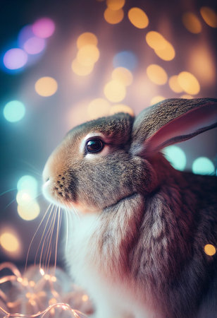 Christmas rabbit close-up against the background of lights. AI Generated