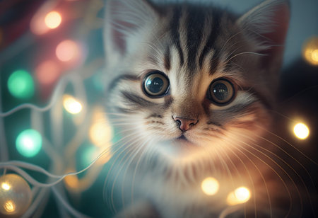 Kitten close-up against the background of lights and decorations during Christmas. AI Generatedの写真素材