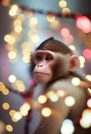 Christmas monkey close-up against the background of lights AI Generatedの写真素材