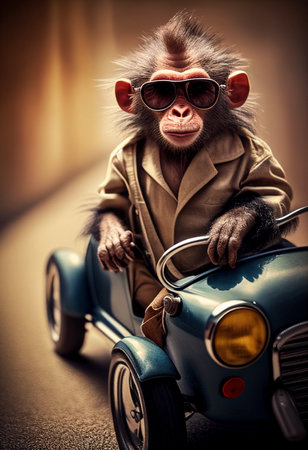 A funny monkey in a jacket and sunglasses sits behind the wheel of a car. AI Generatedの写真素材