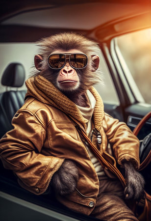 A funny monkey in a jacket and sunglasses sits behind the wheel of a car. AI Generatedの写真素材