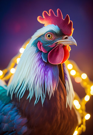 Christmas rooster in a scarf. AI Generatedの写真素材