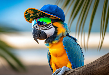 Parrot Ara wearing sunglasses at the sea. AI Generatedの写真素材