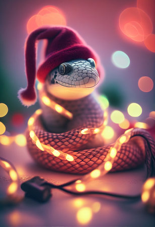 Christmas snake in a red hat and scarf close-up against the background of lights. AI Generatedの写真素材