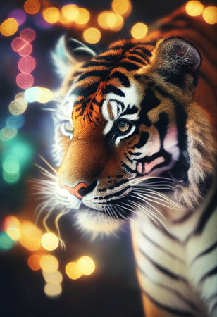 Christmas tiger close-up against the background of lights. AI Generatedの写真素材