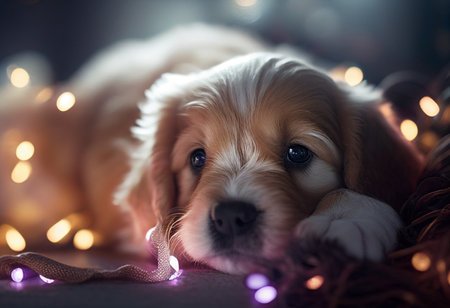 Christmas puppy close-up against the background of lights. AI Generatedの写真素材