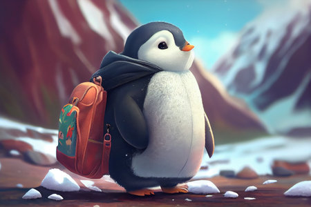 Cute little penguin with a backpack. AI generatedの写真素材