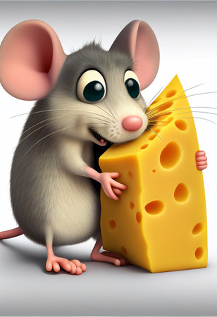 Portrait of a hungry mouse with a piece of cheese. AI generatedの写真素材