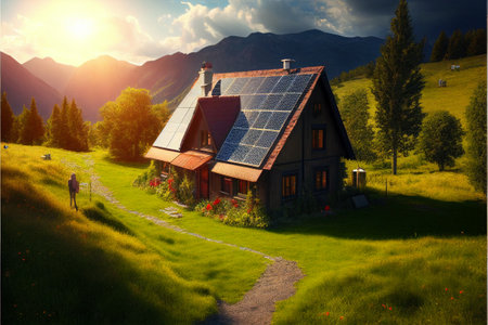 House with solar panels on the roof in a picturesque location. AI generatedの写真素材