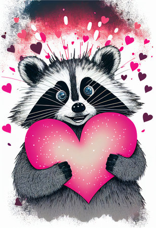 Happy raccoon with hearts around. Valentines Day. AI generatedの写真素材