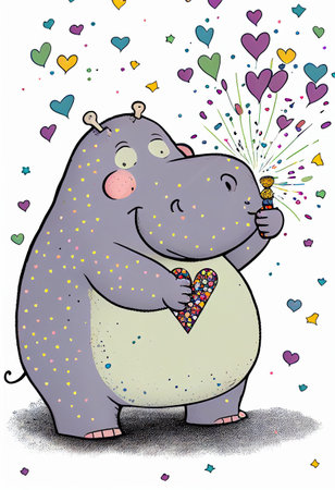 Happy hippo in pink hearts. Valentines Day. AI generatedの写真素材