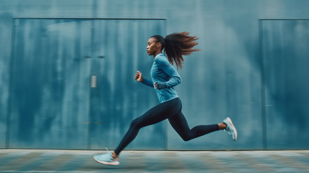 A woman jogging in an urban environment. AI Generatedの写真素材