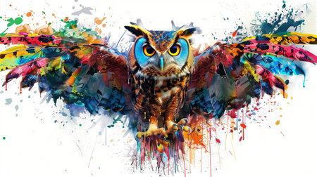 An owl with multicolored paints smeared all over its wings on a white background. AI Generatedの写真素材