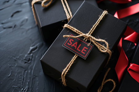 Black gift boxes top wrapped with rope with red SALE lettering on top. AI Generatedの写真素材