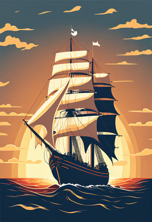 Sailboat in the open sea at sunset. AI generatedの写真素材