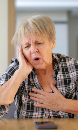 Senior woman with a pained expression, clutching her chest and holding her face, showing clear signs...