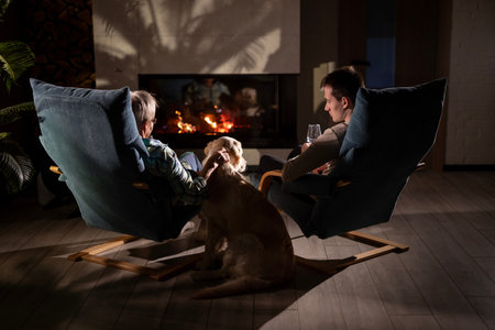 Elderly woman and young man enjoying a relaxing moment with a Golden Retriever by a fireplace, creating a cozy and peaceful atmosphere.の写真素材