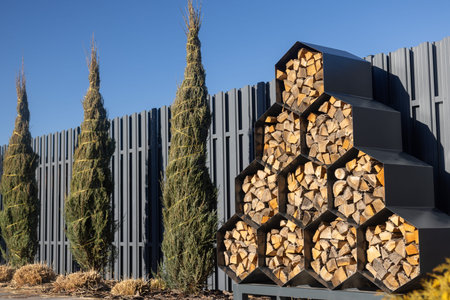 A row of tall thuja trees wrapped in protective twine stands next to a modern, geometric firewood...