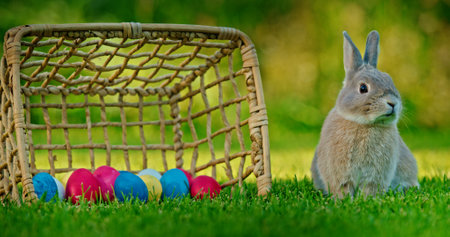 Brown rabbit sitting on green grass next to a tipped-over wicker basket filled with colorful Easter eggs, with a blurred natural background.の写真素材