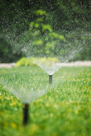 Active sprinkler irrigating green lawn with fine water spray, part of an efficient garden watering system on a sunny dayの写真素材