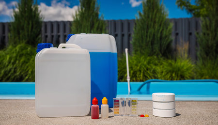Swimming pool cleaning setup with chlorine tablets, liquid chemical canisters, and pH test kit on...