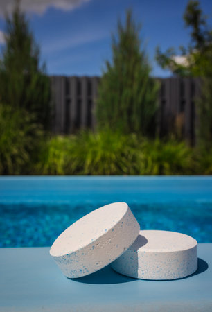 Two round chlorine tablets with blue specks resting on a poolside ledge in bright sunlight, used for water sanitation and pool care.の写真素材