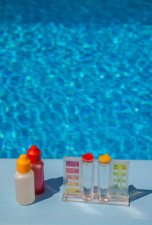 Pool water test kit with two reagent bottles and color comparison charts placed by a clear blue swimming pool, used for pH and chlorine level control.の写真素材