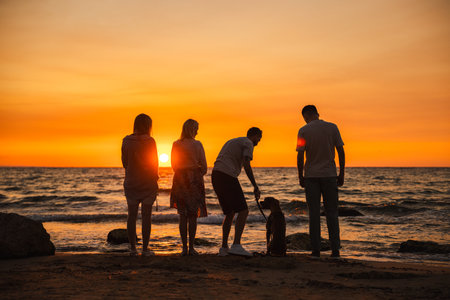 Four people with a German Boxer dog enjoying a sunset on the beach, standing close to the shoreline and watching the calm evening waves.の写真素材