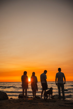 Four people standing with a German Boxer dog on the beach during a stunning sunset, looking at the ocean waves and enjoying a calm evening together.の写真素材