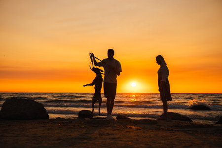 Man and woman with their German Boxer dog on the beach at sunset, playing as the dog jumps on its hind legs near the ocean waves.の写真素材
