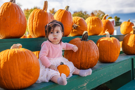 Adorable baby girl sitting among large orange pumpkins on wooden stands at an autumn farm, wearing a...