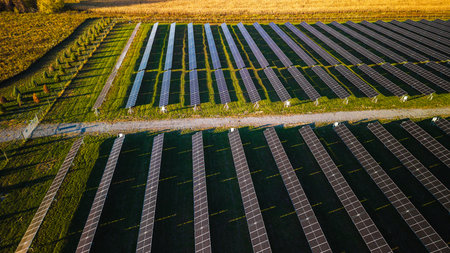 Aerial view of solar panel rows installed on green farmland generating renewable electricity in morning sunlight.の写真素材