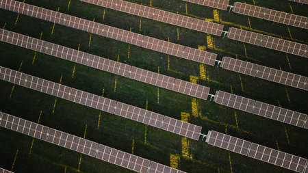 Aerial view of solar panels aligned in rows generating renewable energy on a green field under...