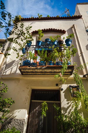Traditional Mediterranean balcony decorated with blue flower pots and climbing plants on a whitewashed house wall in Alicante, Spain.の写真素材