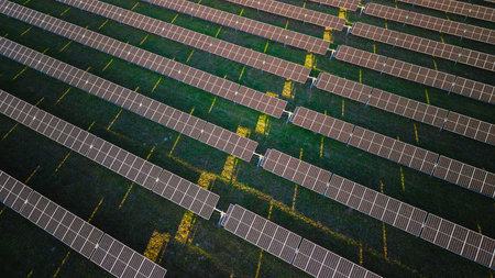 Rows of solar panels on a green field viewed from above, creating a geometric pattern under the...