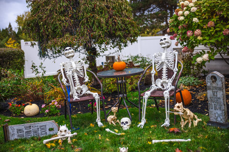 Two Halloween skeleton decorations sitting at a garden table with pumpkins, surrounded by tombstones and bones in a festive autumn yard.の写真素材