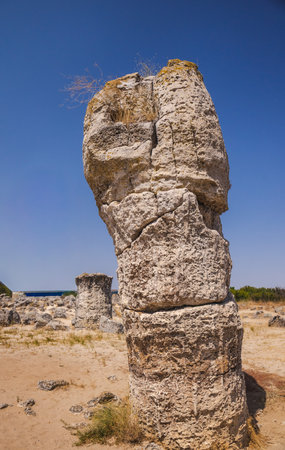 Massive limestone pillar formation standing in the desert landscape of Pobiti Kamani near Varna, Bulgaria.の写真素材