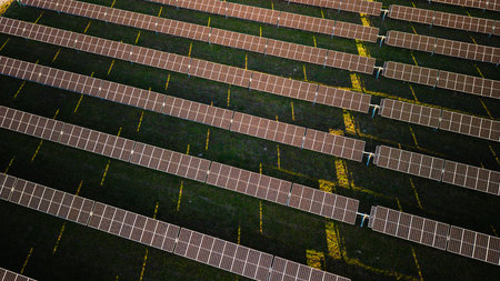 Aerial top view of solar panels arranged in geometric rows producing clean electricity from sunlight on green farmland.の写真素材