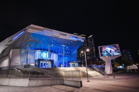 Toronto, Canada, 20 October 2025: Ripleys Aquarium of Canada illuminated at night with modern glass...