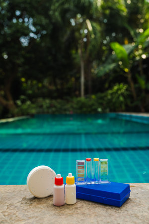 Pool water testing kit with chlorine tablet, reagent bottles and color scale on stone edge, tropical...