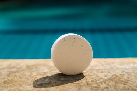 Chlorine tablet on swimming pool edge for water sanitation, pool maintenance, and chemical treatment...