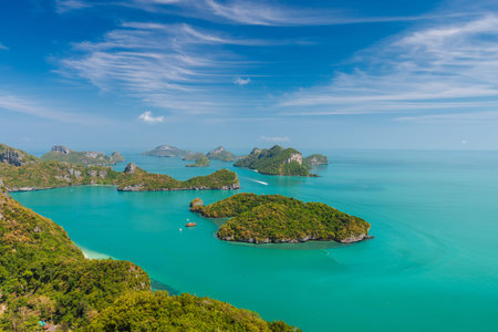Panoramic view of Ang Thong National Marine Park with tropical islands and turquoise sea in Thailand