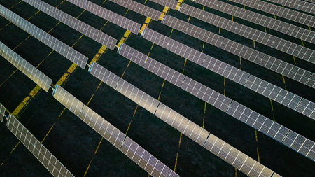 Aerial view of solar power station with diagonal rows of photovoltaic panels producing renewable...
