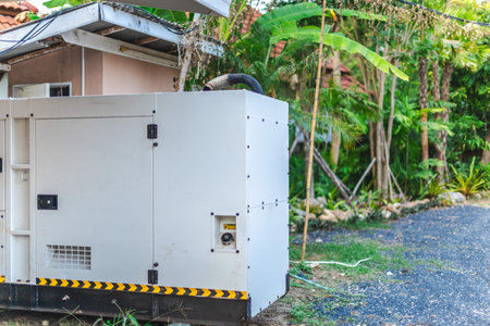 Backup power generator installed outside tropical house in residential yard