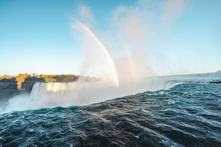 Niagara Falls With Double Rainbow Above Powerful Waterfall