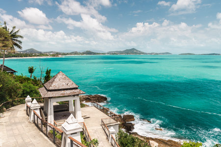 Coastal viewpoint pavilion overlooking turquoise sea on Koh Samui island Thailandの写真素材