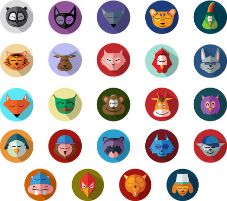 Cute animals flat long shadow circle icon set. Vector trendy illustrations.のイラスト素材