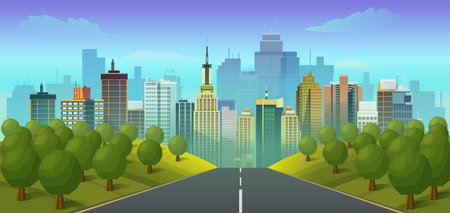 road to city landscape, illustrationのイラスト素材