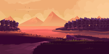 Illustration Of Night Landscape, Mountains, Sunset. Silhouette of a forest on the background of a mountain range.のイラスト素材